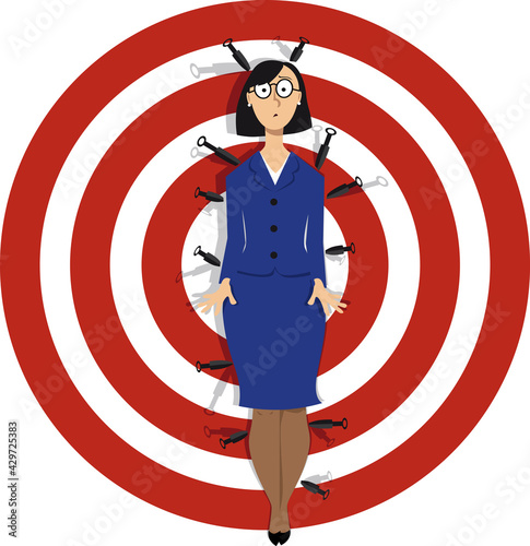 Business woman standing in front of a target facing knifes throwing at her, EPS 8 vector illustration