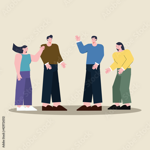 Group of university or college students in debate. Flat vector illustration on society with diverse multiracial men and women having a conversation. Talking characters set