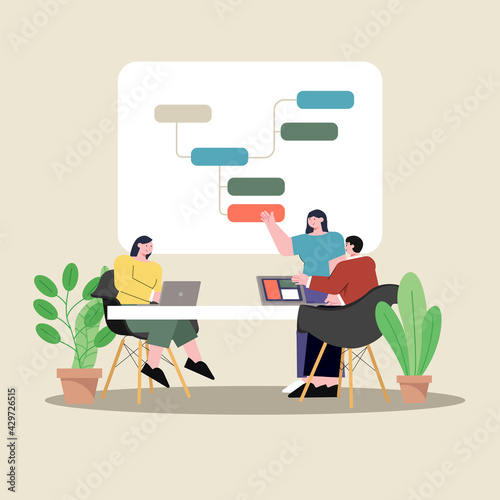 Startup company team meeting. Focus group vector concept illustration. Businesswoman talks to her coworkers at the negotiation table. Presentation event flat style