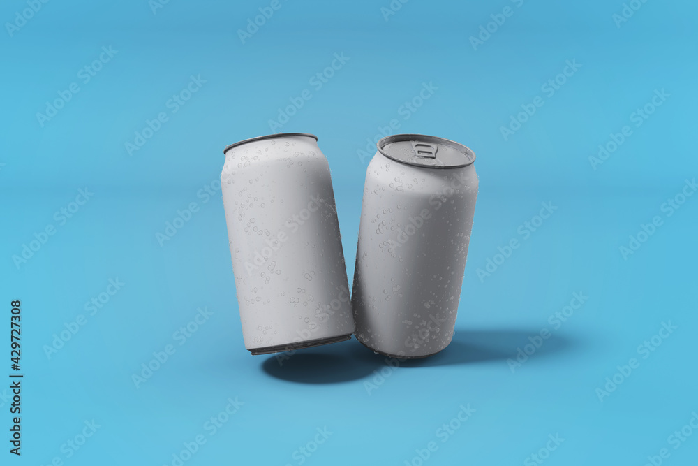 Customize 3D Rendering two realistic metal soda with drops can mockup design templates Customize 3D Rendering two realistic metal soda with drops can mockup design templates