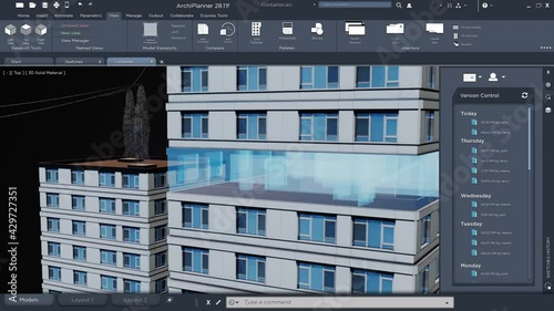 Technical 3D render animation CAD HUD industrial architect design of building prototype in software app user interface zoom in effect on glass floor. House structure in futuristic project structural photo
