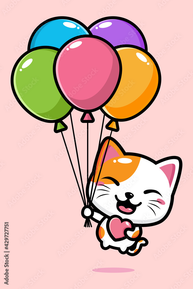 cartoon cute lucky cat flying vector design with colorful balloons