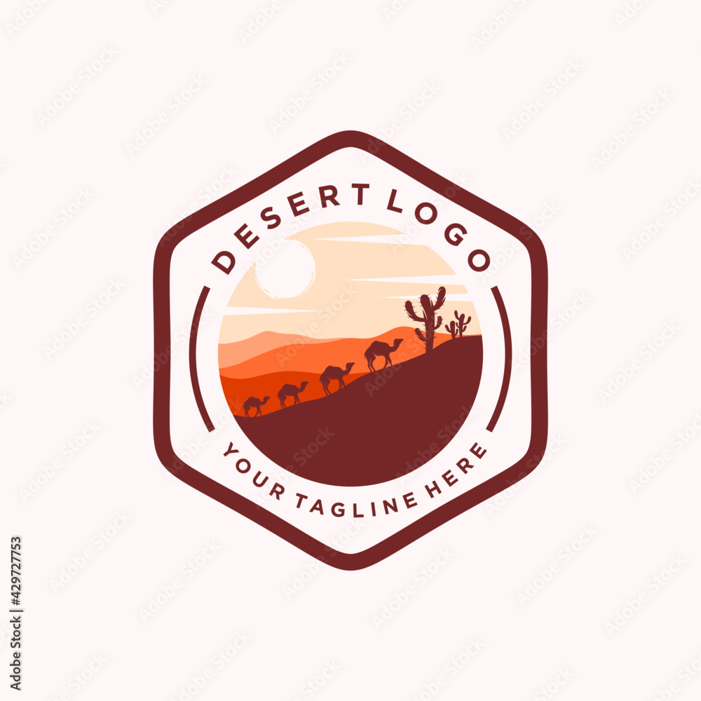 Desert logo design template with sunset and a silhouette of a camel