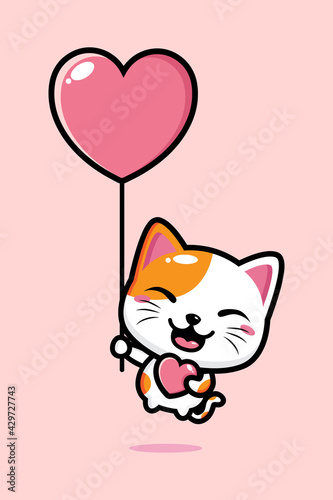cartoon cute lucky cat flying vector design with heart shaped balloon