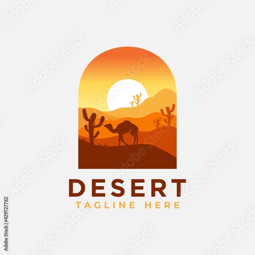 Desert logo design template with sunset and a silhouette of a camel. Vector illustration
