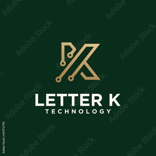 Abstract monogram logo K tech letter design set in gold color