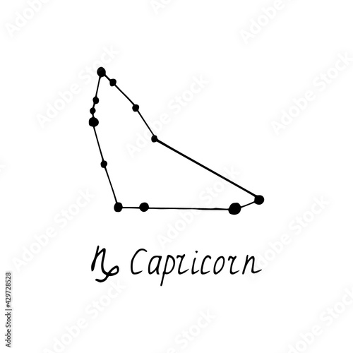 constellation capricorn icon and lettering. hand drawn doodle style. vector, minimalism, monochrome, sketch. zodiac sign, horoscope.