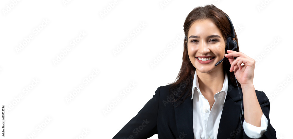 Attractive business woman in suits and headsets are smiling while working isolate on white background with path. Customer service assistant working in office. VOIP Helpdesk headset Attractive business woman in suits and headsets are smiling while working isolate on white background with path. Customer service assistant working in office. VOIP Helpdesk headset