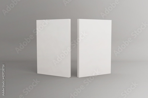 Front and back views of the standing 3D Rendering softcover book mockup photo