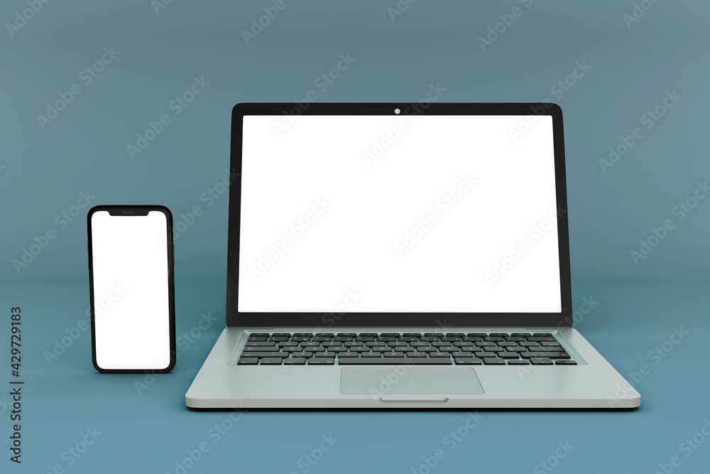 Realistic 3D Rendering mobile device and laptop screen mockup design template Realistic 3D Rendering mobile device and laptop screen mockup design template