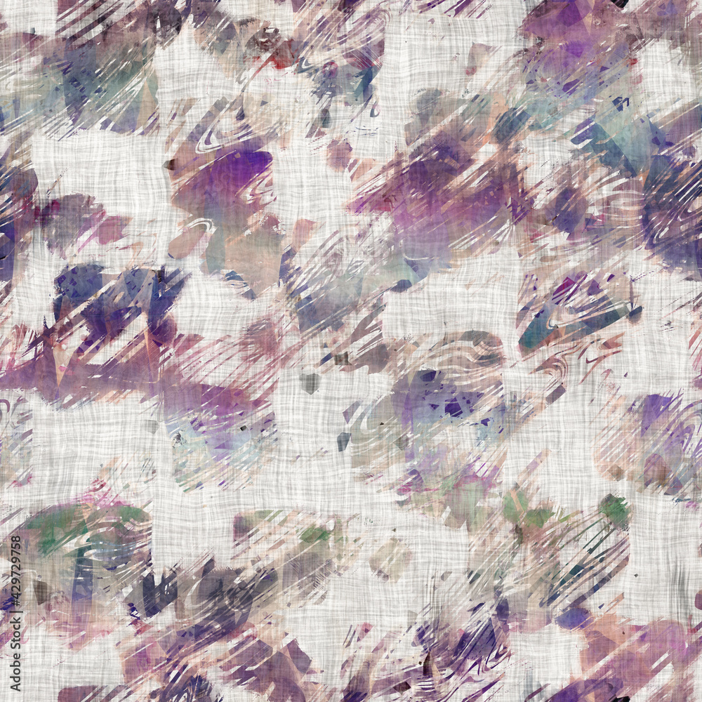 Seamless purple and cream textured mixed media pattern print. High quality illustration. Artistic digital faux collage or paint design for print for surface design in any application.