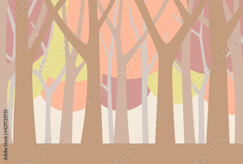 秋の紅葉と木立が美しい森のイラスト　淡い色彩