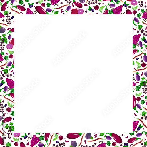 Card with a frame of purple vegetables and fruits. Colorful square border patterned with eggplant, onion and beans, black currant and plum, and other fresh produce. For use in menus, napkins, records