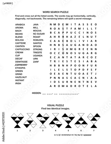 Puzzle page with two brain games: all about coffee themed word search puzzle (English language), and visual puzzle. Black and white, A4 or letter sized. Answer included.
