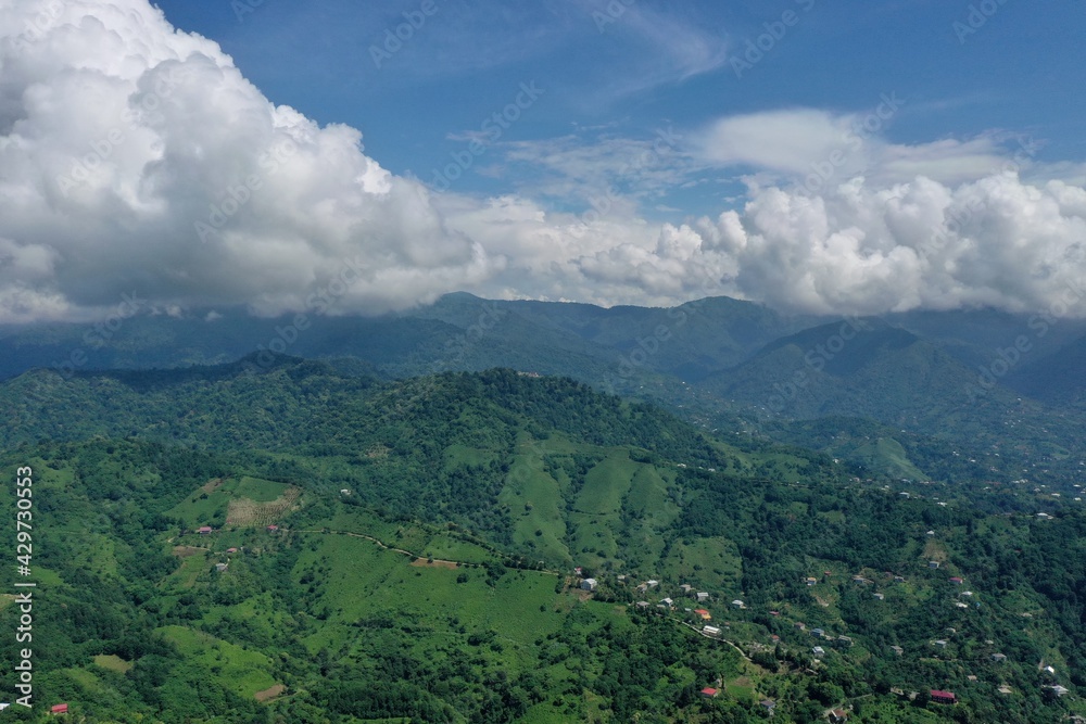 view of mountains, forest and village from drone