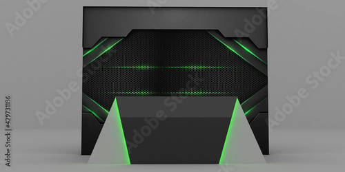 techno backdrop with reception table 3d rendering   photo