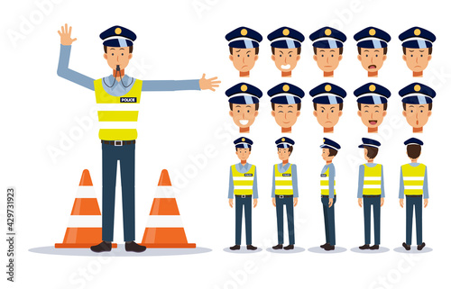 Set of Flat Vector Character illustration, traffic policeman in various views, Cartoon style.