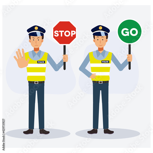 Traffic police holding sign Stop and Go. Flat vector cartoon character illustration.