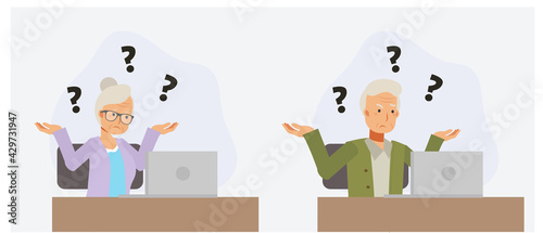 The old people who have troubled with techonology. Grandparent don't know how to use computer. Get confuse. flat vector cartoon character illustration