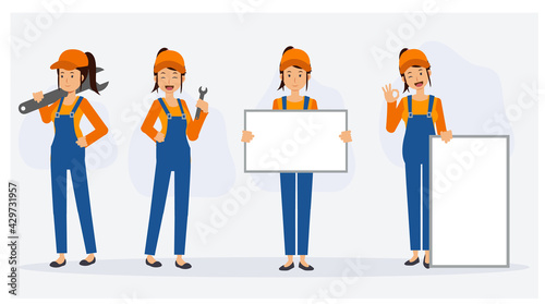 Set of female mechanic repairman in various action,holding blank sign, your text here. Flat vector cartoon character.