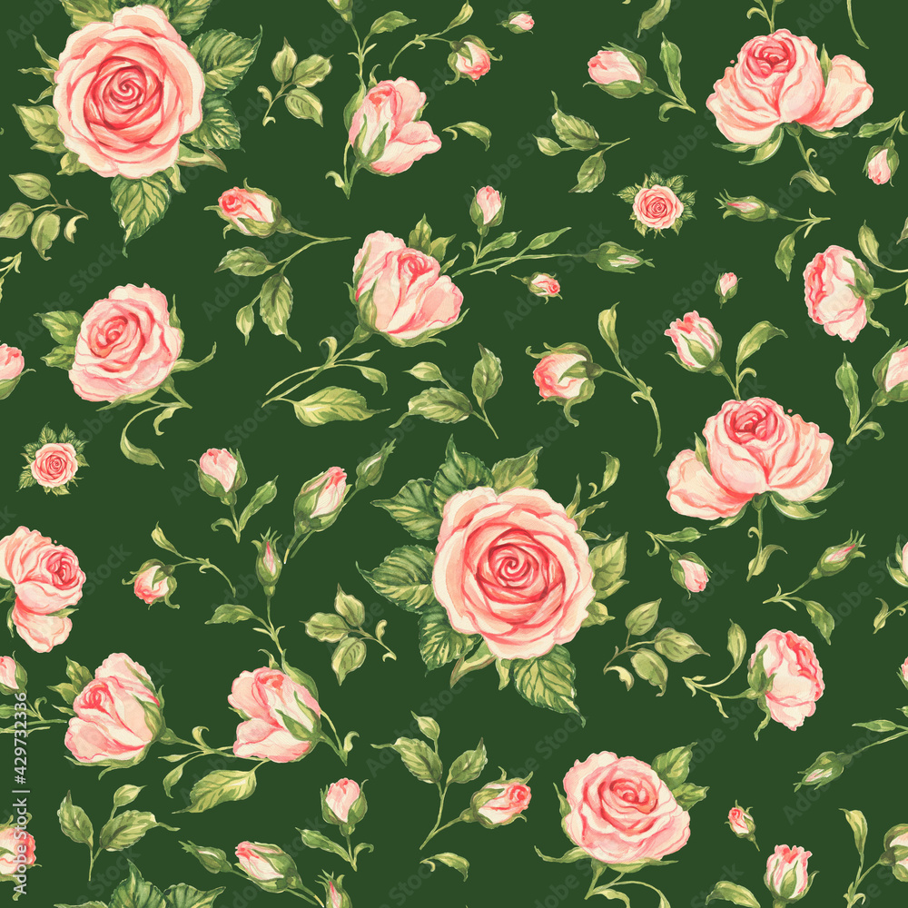 Fototapeta  Seamless floral pattern drawn blooming roses with buds