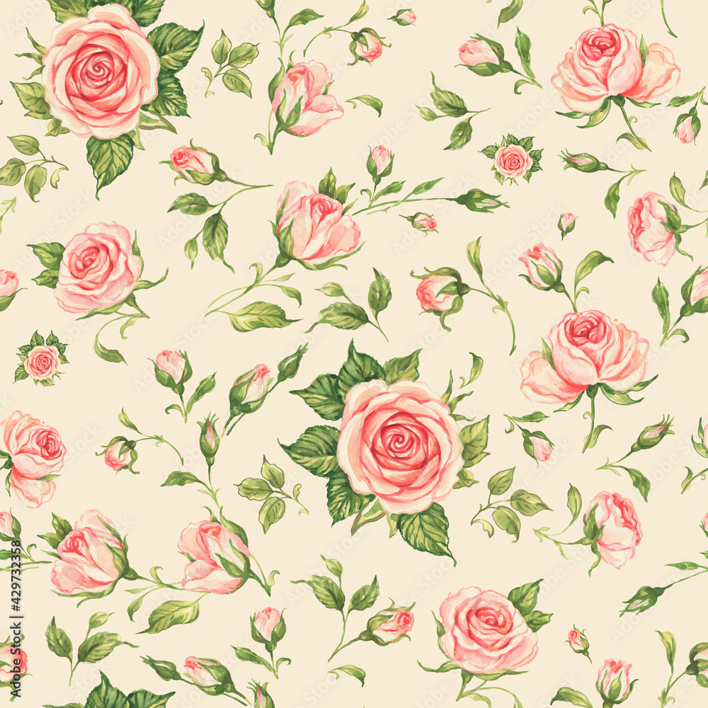  Seamless floral pattern drawn blooming roses with buds