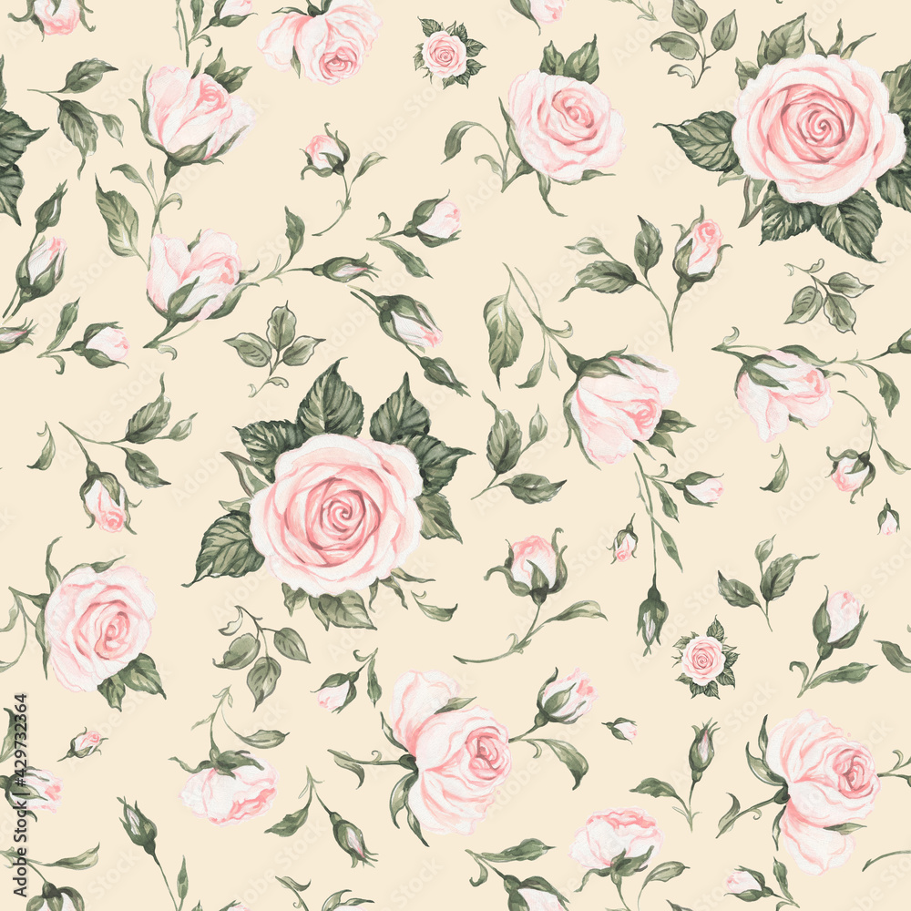 Seamless floral pattern drawn blooming roses with buds Seamless floral pattern drawn blooming roses with buds