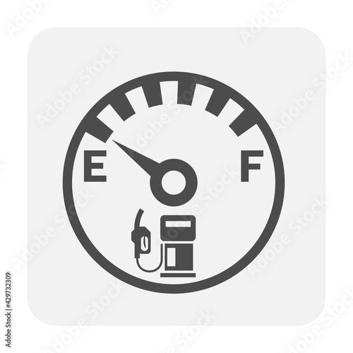 Fuel gauge vector icon. Measurement tool, equipment or instrument for car vehicle dashboard panel to indicator level, full or empty of power and energy in tank i.e. petrol, gas, gasoline and diesel.