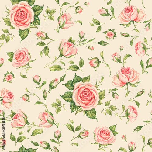  Seamless floral pattern drawn blooming roses with buds