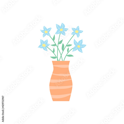 A bouquet of blue flowers in a vase. Pastel colors. Isolated on a white background. Vector illustration.