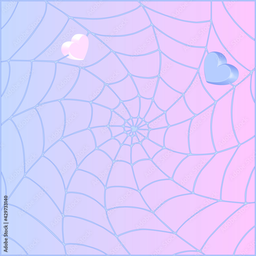 Obraz premium Colorful background with pink and blue 3d hearts in spider web. Love concept background for social media, card, valentines day and other use.