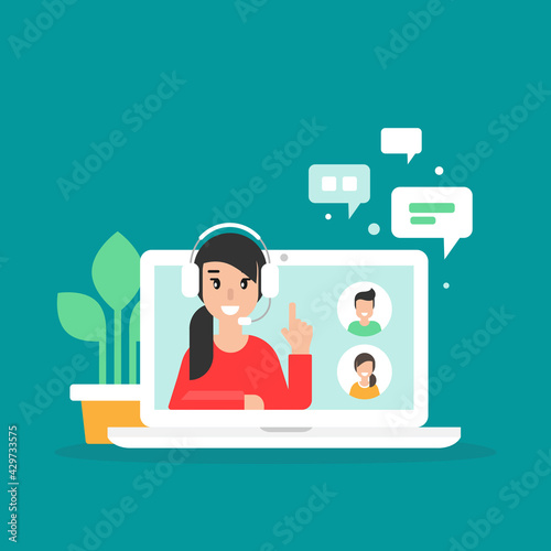 Webinar, online class, remote team work concept. Learn and study via teleconference or video course.