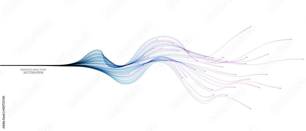 Vector abstract light lines wavy flowing dynamic in blue pink colors isolated on white background for concept of AI technology, digital, communication, 5G, science, music - obrazy, fototapety, plakaty 