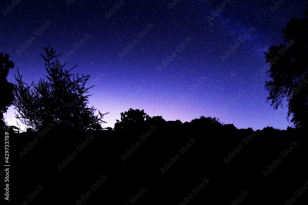 Dark blue night starry sky with hill forest silhouette background. Galaxy stars. Night sky gradient. Hill forest landscape. Dark blue night starry sky with hill forest silhouette background. Galaxy stars. Night sky gradient. Hill forest landscape.