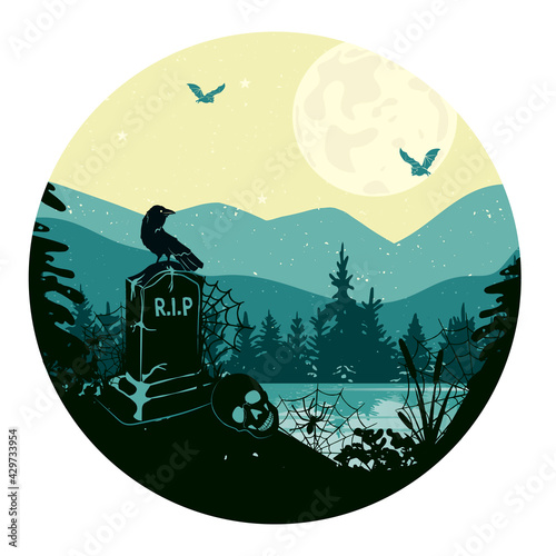 Halloween landscape. silhouette of gravestones, crows, skulls against the background of mountains and forests in a round frame. flat style. vector. eps photo