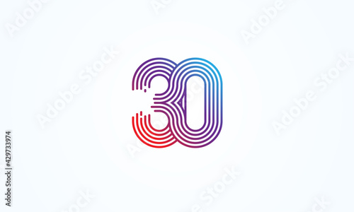30 Number Logo, number 30 monogram line style, usable for anniversary, business and tech logos, flat design logo template, vector illustration