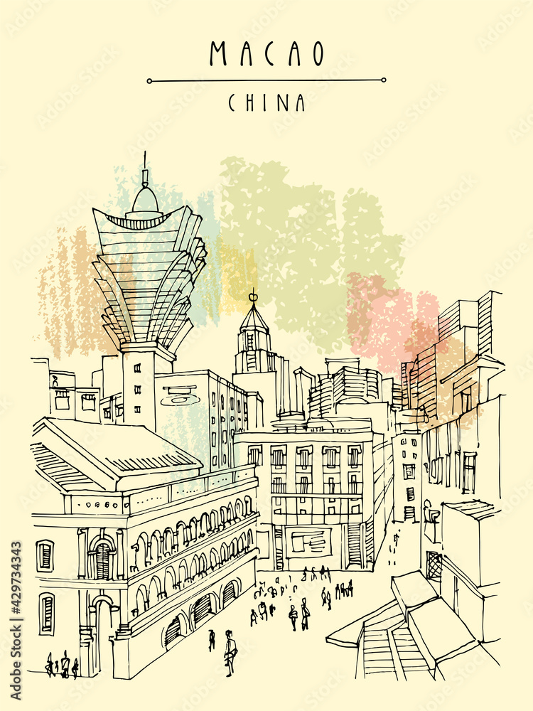 Vector Macao postcard. Upper view of old town. Macau (Macao), China, Asia is a gambling capital. Traditional Portuguese buildings, skyscrapers, casinos. Vintage hand drawn postcard