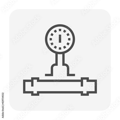 Pressure gauge vector icon. Also called manometer meter. Industrial measuring equipment tool for measurement pressure of water, air, steam and oil gas fuel in pipe or pipeline system. Editable stroke.