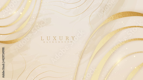 Golden curves on cream shades watercolor background. Realistic luxury design style 3d modern concept. vector illustration.
