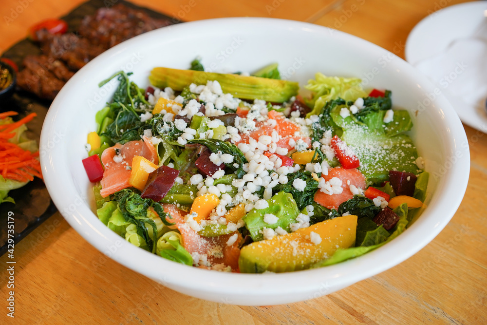 Healthy smoked salmon salad a various of organic vegetable Healthy smoked salmon salad a various of organic vegetable