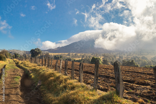 dirt path with a fence next to some crops in the middle of the green rural area in the middle of a warm morning in the vicinity of the Turrialba volcano