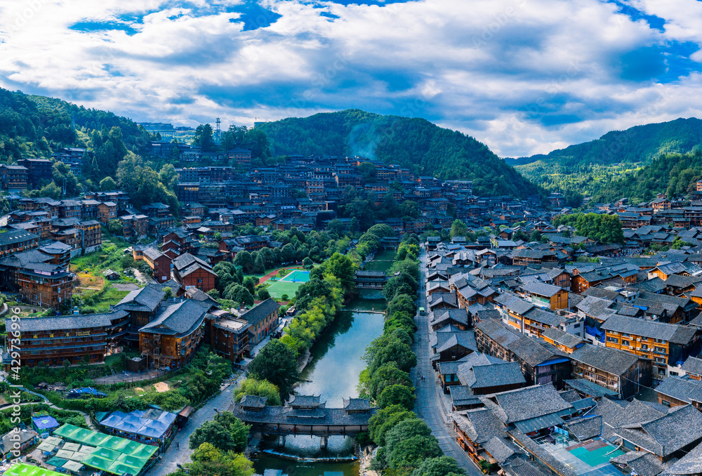 Dusk scenery of Qianhu Miao village in Xijiang, Qiandongnan, Guizhou Province, China