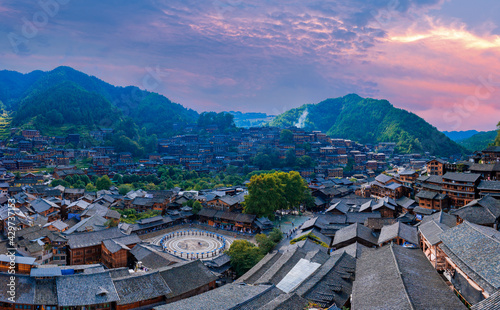 Photography Dusk scenery of Qianhu Miao village in Xijiang, Qiandongnan, Guizhou Province, C