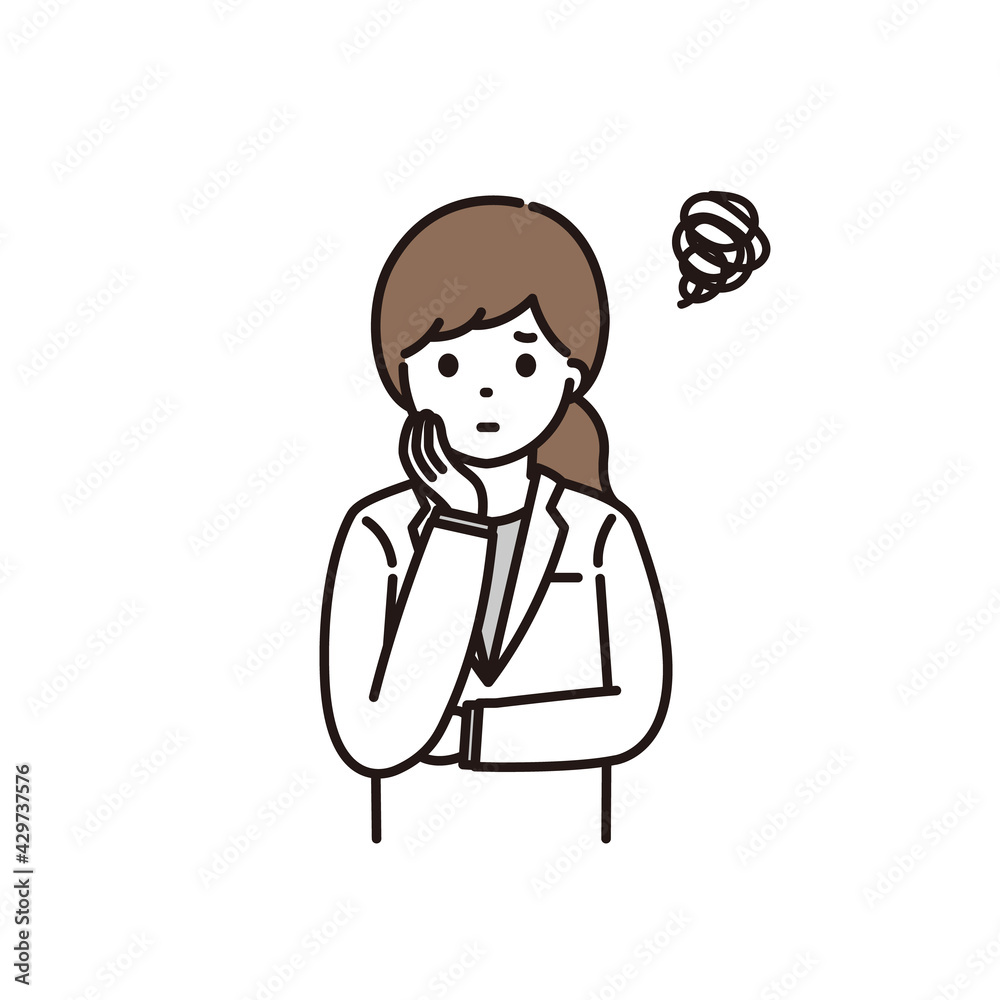 悩みがあり困っている女性薬剤師のイラスト 悩みがあり困っている女性薬剤師のイラスト