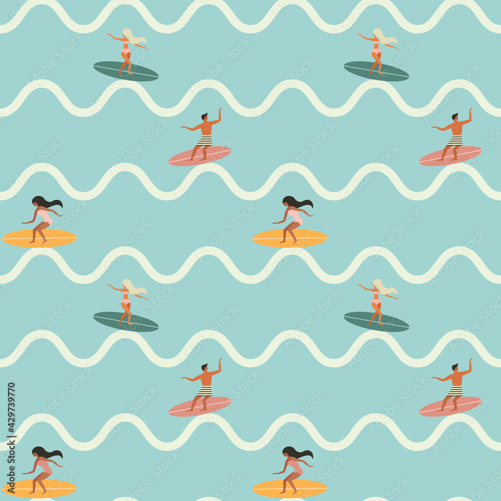 Vintage Surfing People on Waves Seamless Pattern