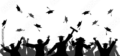 Graduation event ceremony. Happy graduate students with graduating caps and diploma or certificates, silhouette of group of people. Vector illustration.