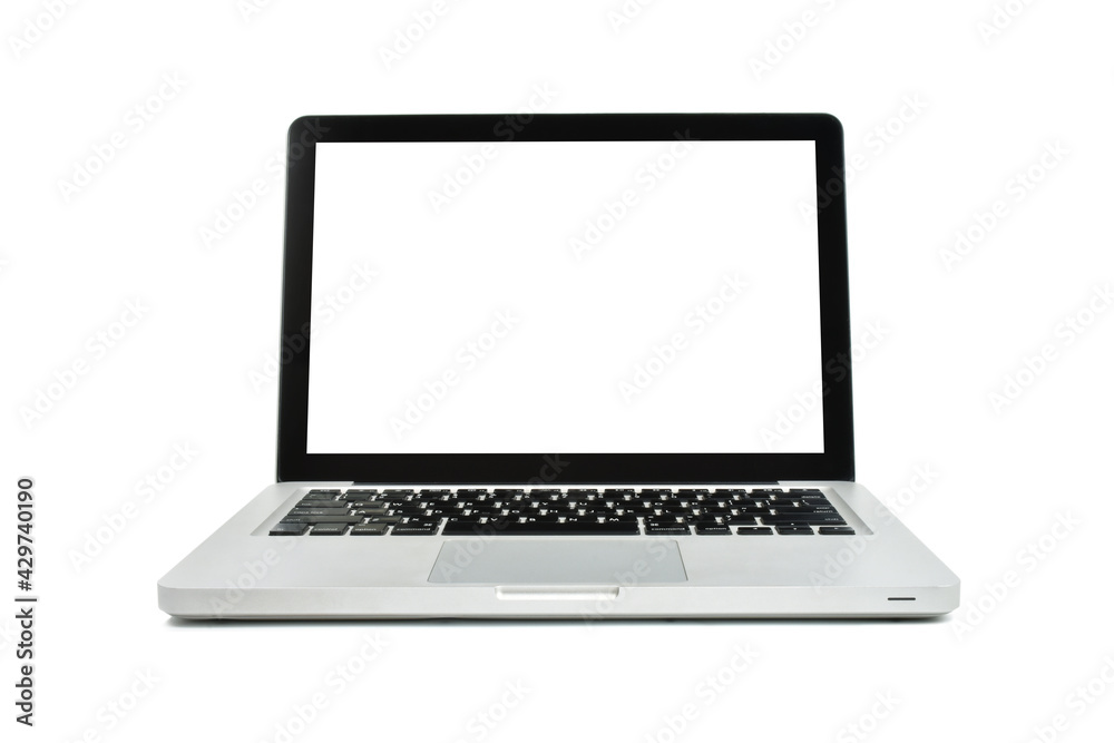 A Laptop modern style with empty blank white screen isolated on scene white background. Copy space. Close up of Item object is the success to the business view. Clipping path. A Laptop modern style with empty blank white screen isolated on scene white background. Copy space. Close up of Item object is the success to the business view. Clipping path.