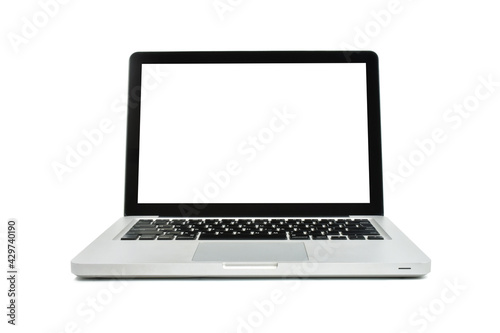A Laptop modern style with empty blank white screen isolated on scene white background. Copy space. Close up of Item object is the success to the business view. Clipping path.