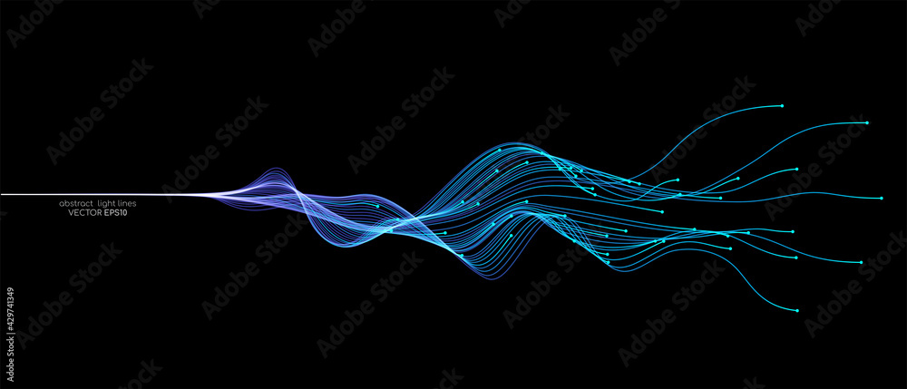 Vector abstract light lines wavy flowing dynamic in blue green colors ...