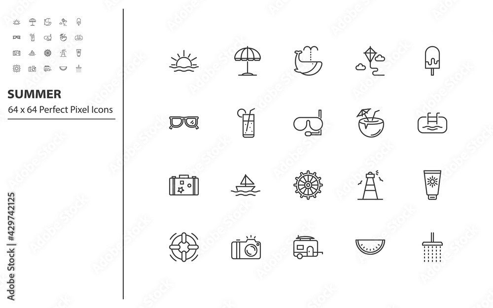 set of summer thin line icons perfect pixel 64x64, beach, sea, vacation set of summer thin line icons perfect pixel 64x64, beach, sea, vacation